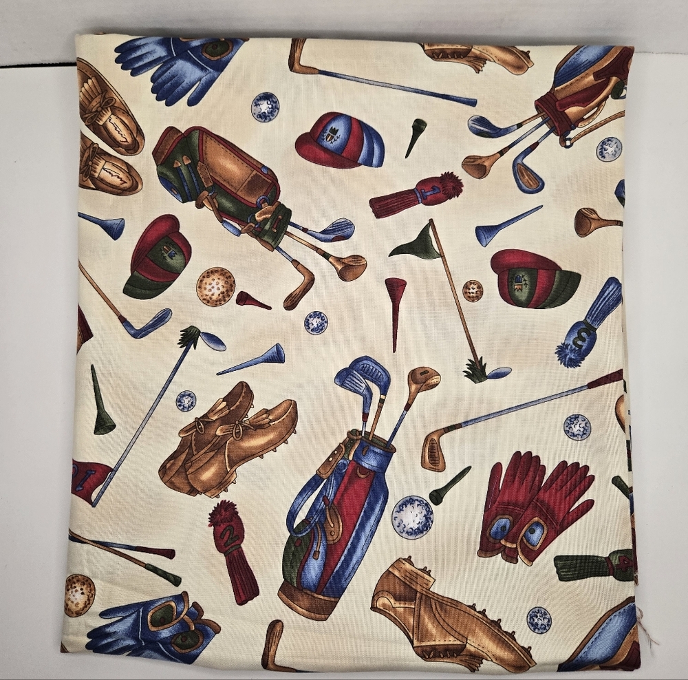 Novelty Vintage Golf Equipment Print Fabric, Cream Background "The Right Stuff"